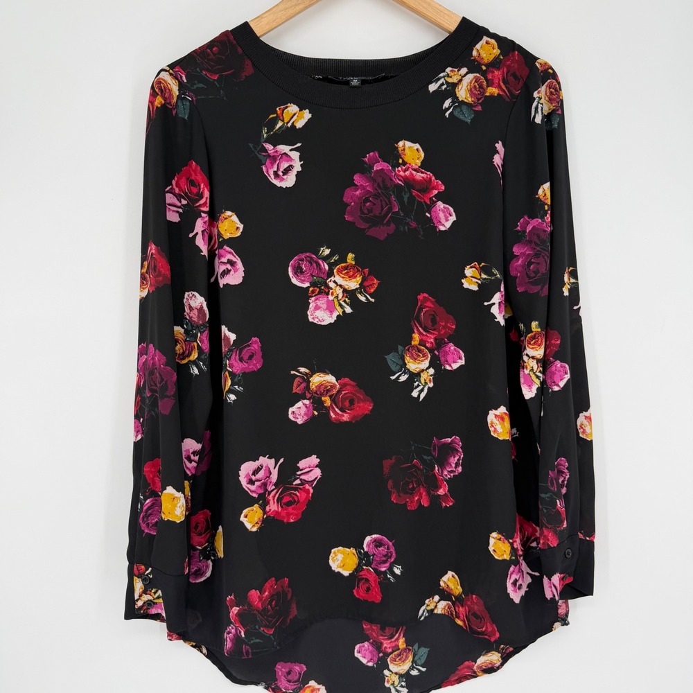 Thakoon Top Womens Medium Dark Floral Blouse Black Pink Long Sleeve Sheer
